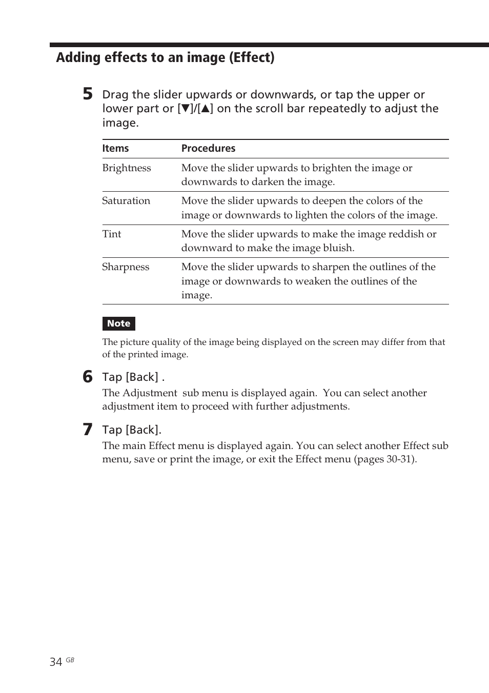 Adding effects to an image (effect) | Sony DPP-EX7 User Manual | Page 34 / 296