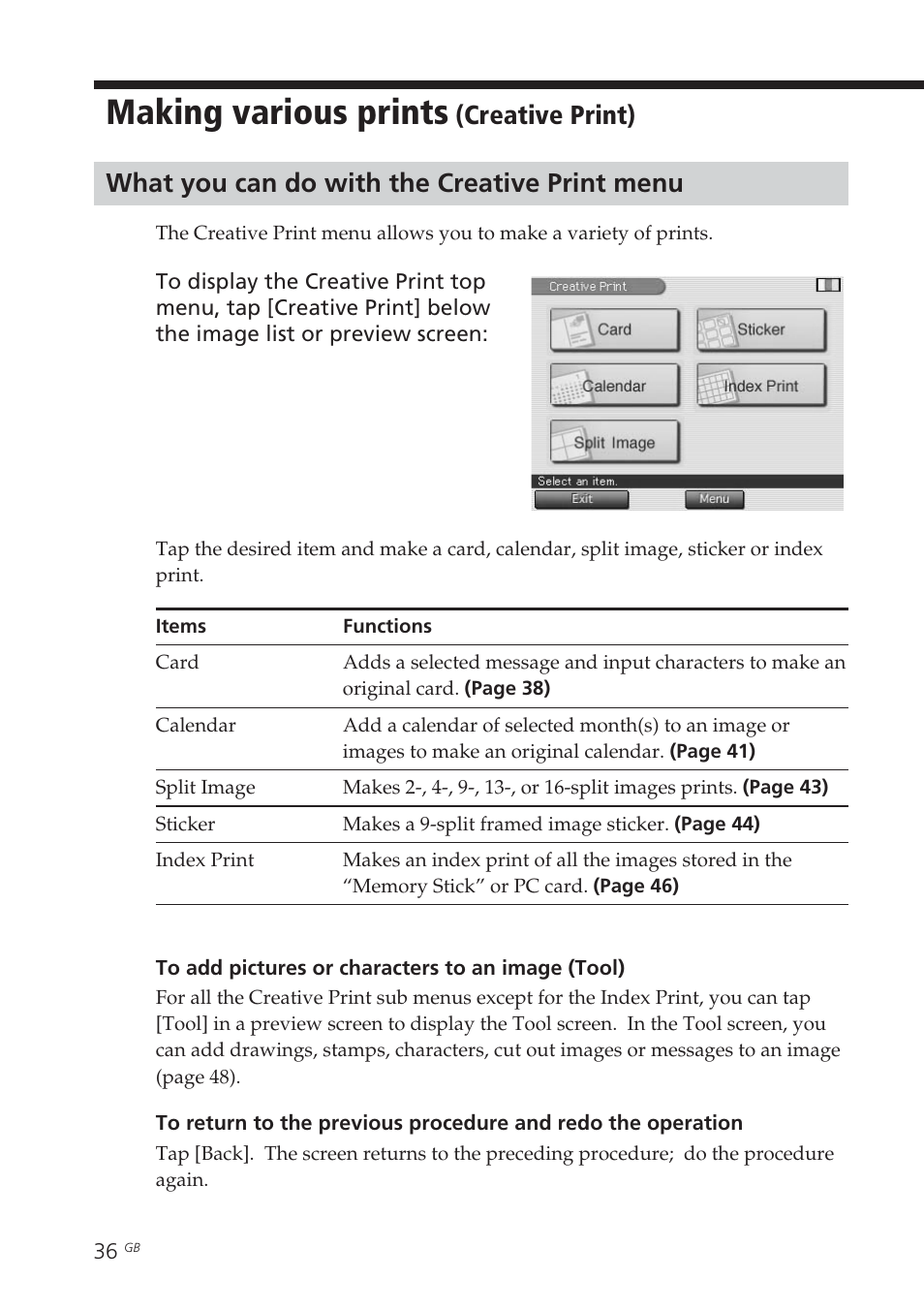 Making various prints (creative print), What you can do with the creative print menu, Creative print menu | Making various prints | Sony DPP-EX7 User Manual | Page 36 / 296
