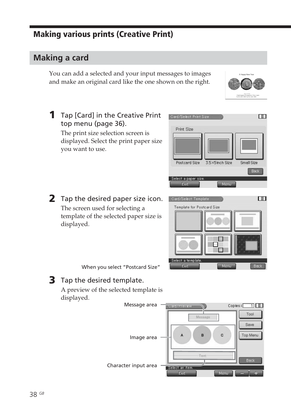 Making a card, Card, Cards | Template | Sony DPP-EX7 User Manual | Page 38 / 296