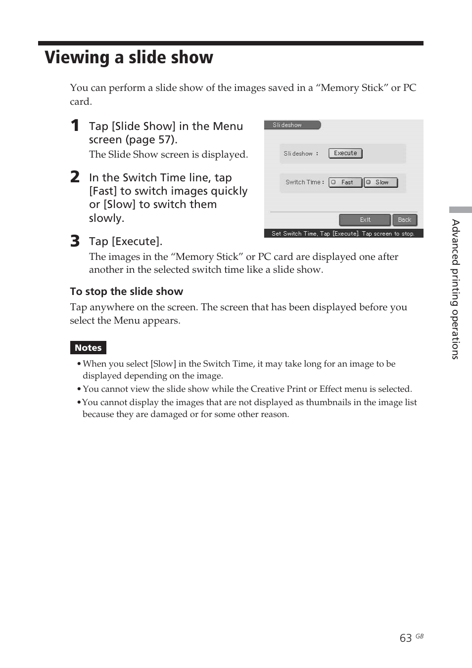 Viewing a slide show, Slide show | Sony DPP-EX7 User Manual | Page 63 / 296