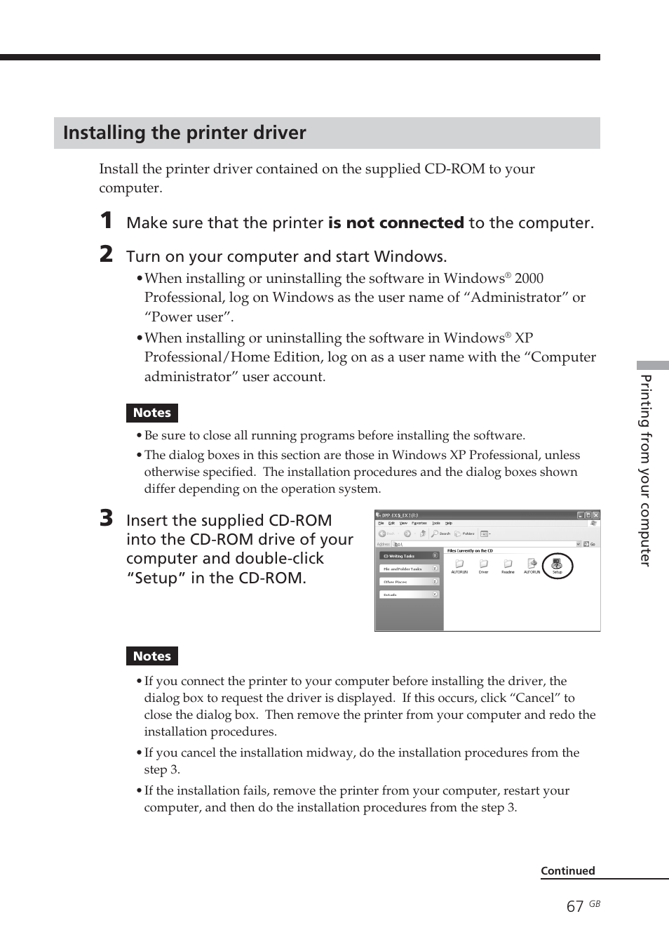 Installing the printer driver, Windows | Sony DPP-EX7 User Manual | Page 67 / 296