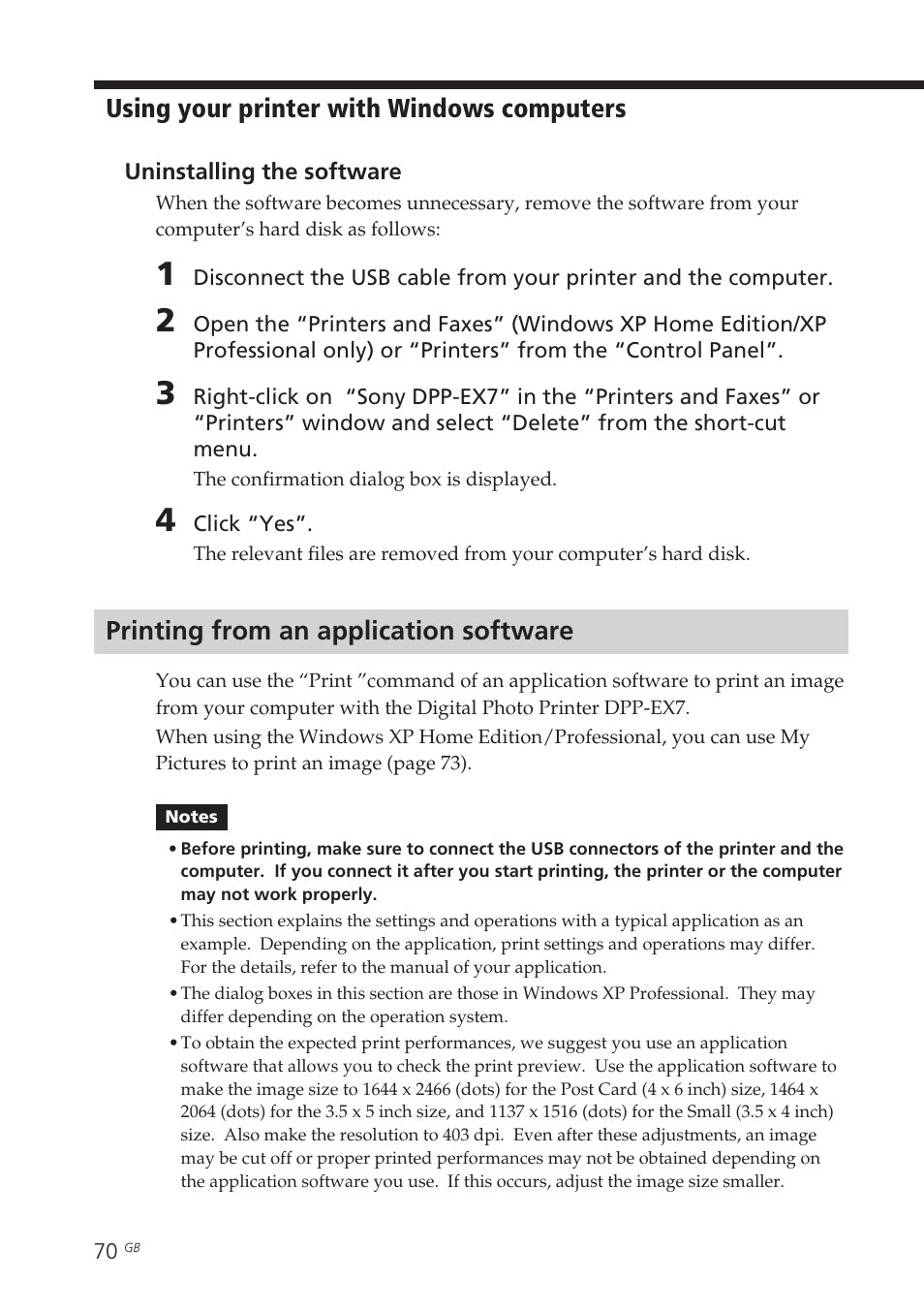 Printing from an application software, From a windows computer, Uninstalling the software | Using your printer with windows computers | Sony DPP-EX7 User Manual | Page 70 / 296