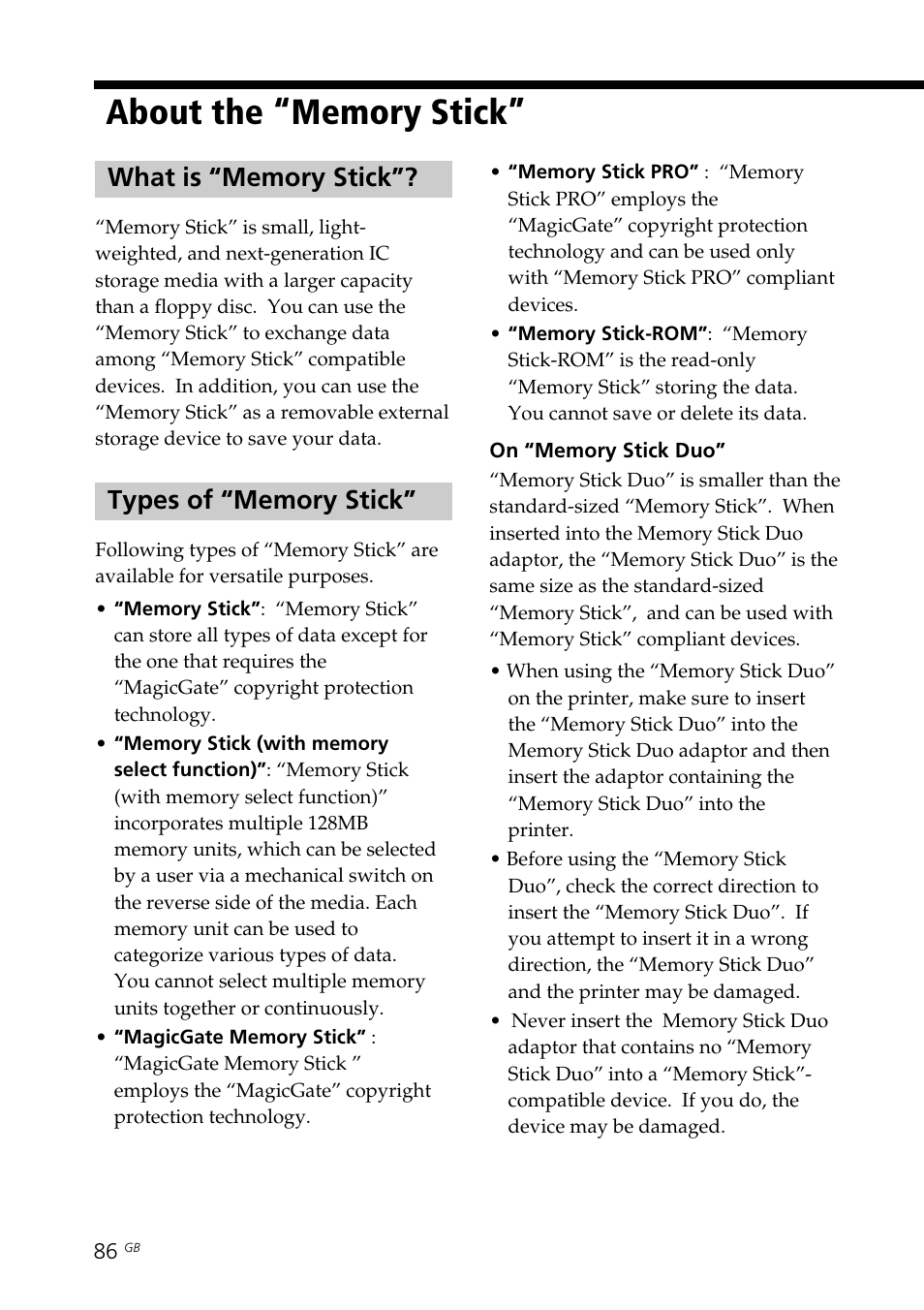 About the “memory stick, What is “memory stick, Types of “memory stick | Usable types, What is “memory stick”? types of “memory stick | Sony DPP-EX7 User Manual | Page 86 / 296