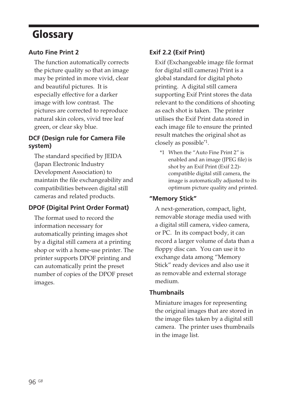 Glossary | Sony DPP-EX7 User Manual | Page 96 / 296