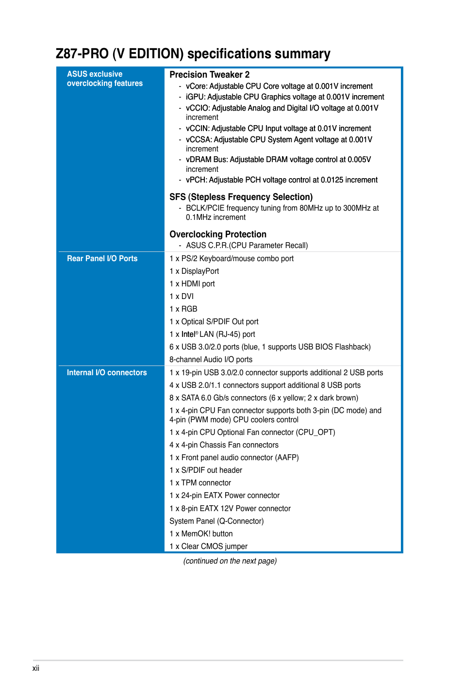 Z87-pro (v edition) specifications summary | Asus Z87-PRO(V EDITION) User Manual | Page 12 / 172