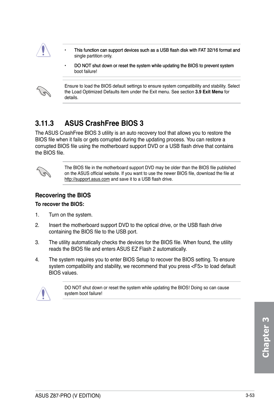 Chapter 3, 3 asus crashfree bios 3 | Asus Z87-PRO(V EDITION) User Manual | Page 133 / 172