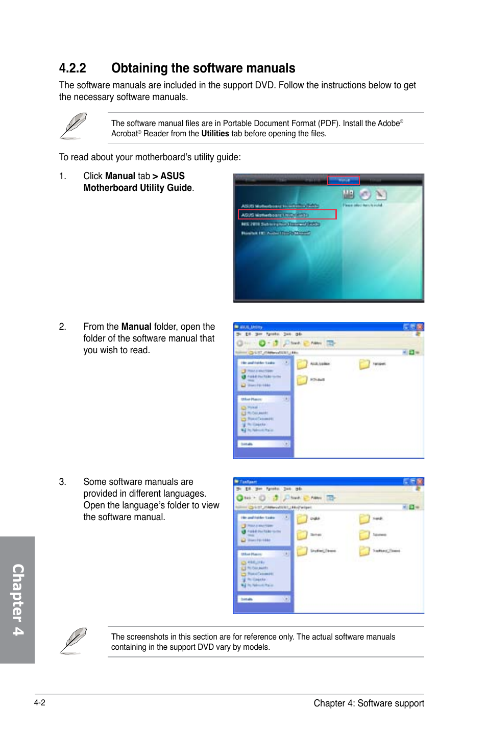 Chapter 4, 2 obtaining the software manuals | Asus Z87-PRO(V EDITION) User Manual | Page 138 / 172