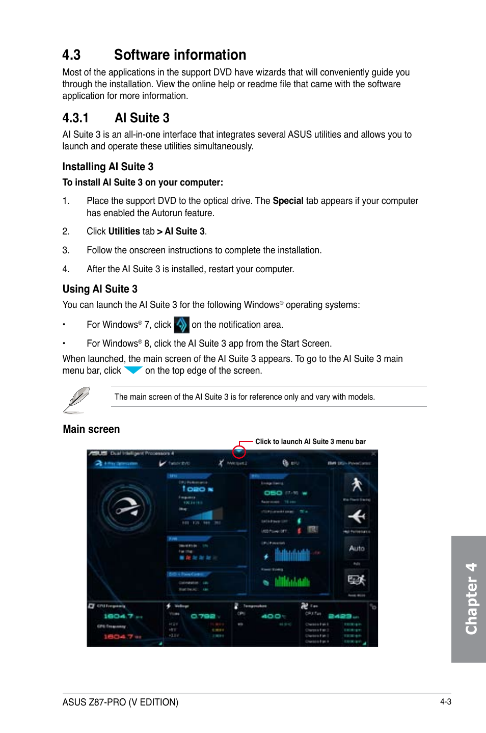 Chapter 4 4.3 software information, 1 ai suite 3 | Asus Z87-PRO(V EDITION) User Manual | Page 139 / 172