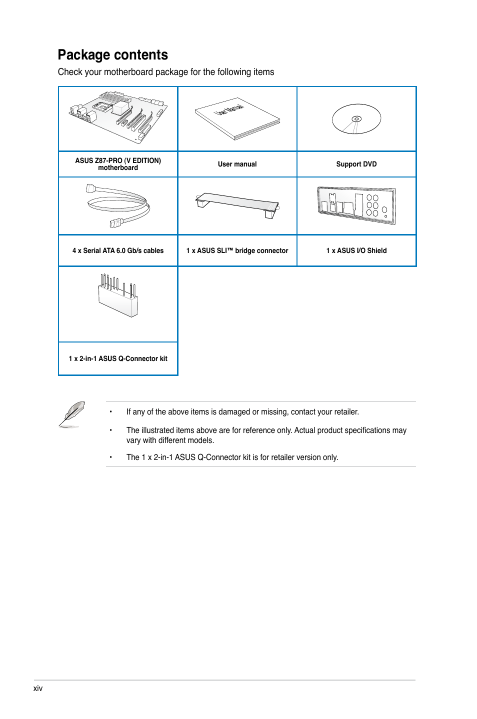 Package contents | Asus Z87-PRO(V EDITION) User Manual | Page 14 / 172