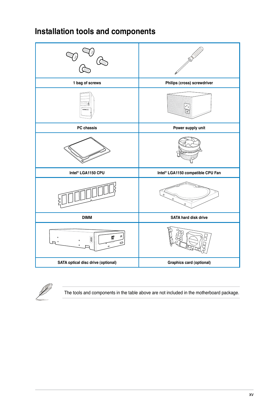 Installation tools and components | Asus Z87-PRO(V EDITION) User Manual | Page 15 / 172