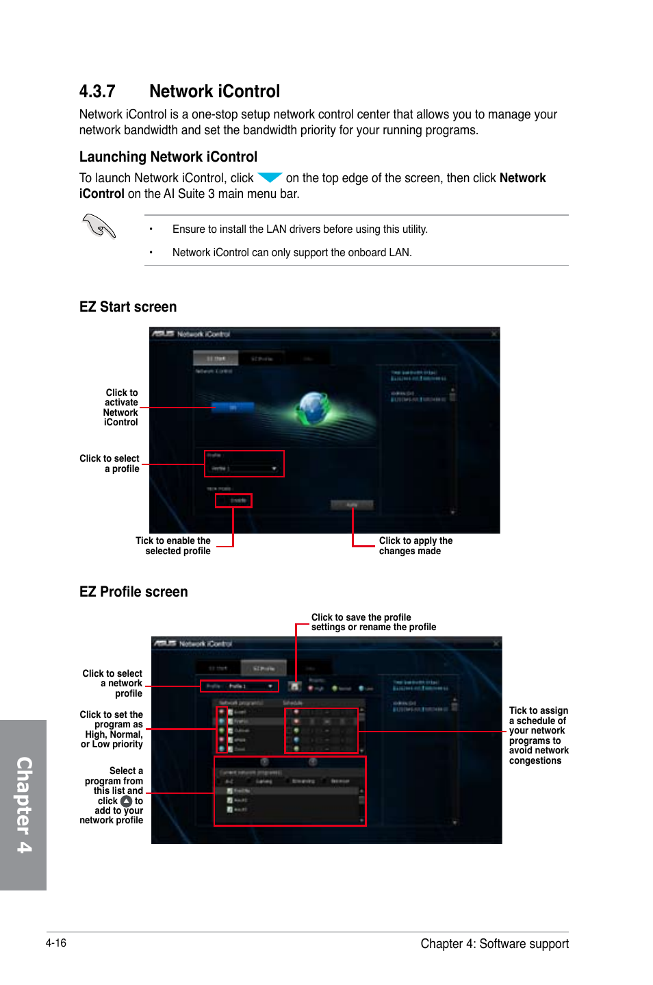 Chapter 4, 7 network icontrol, Launching network icontrol | Ez start screen, Ez profile screen | Asus Z87-PRO(V EDITION) User Manual | Page 152 / 172