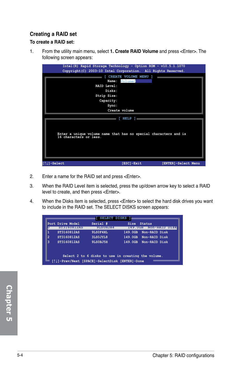 Chapter 5, Creating a raid set | Asus Z87-PRO(V EDITION) User Manual | Page 162 / 172