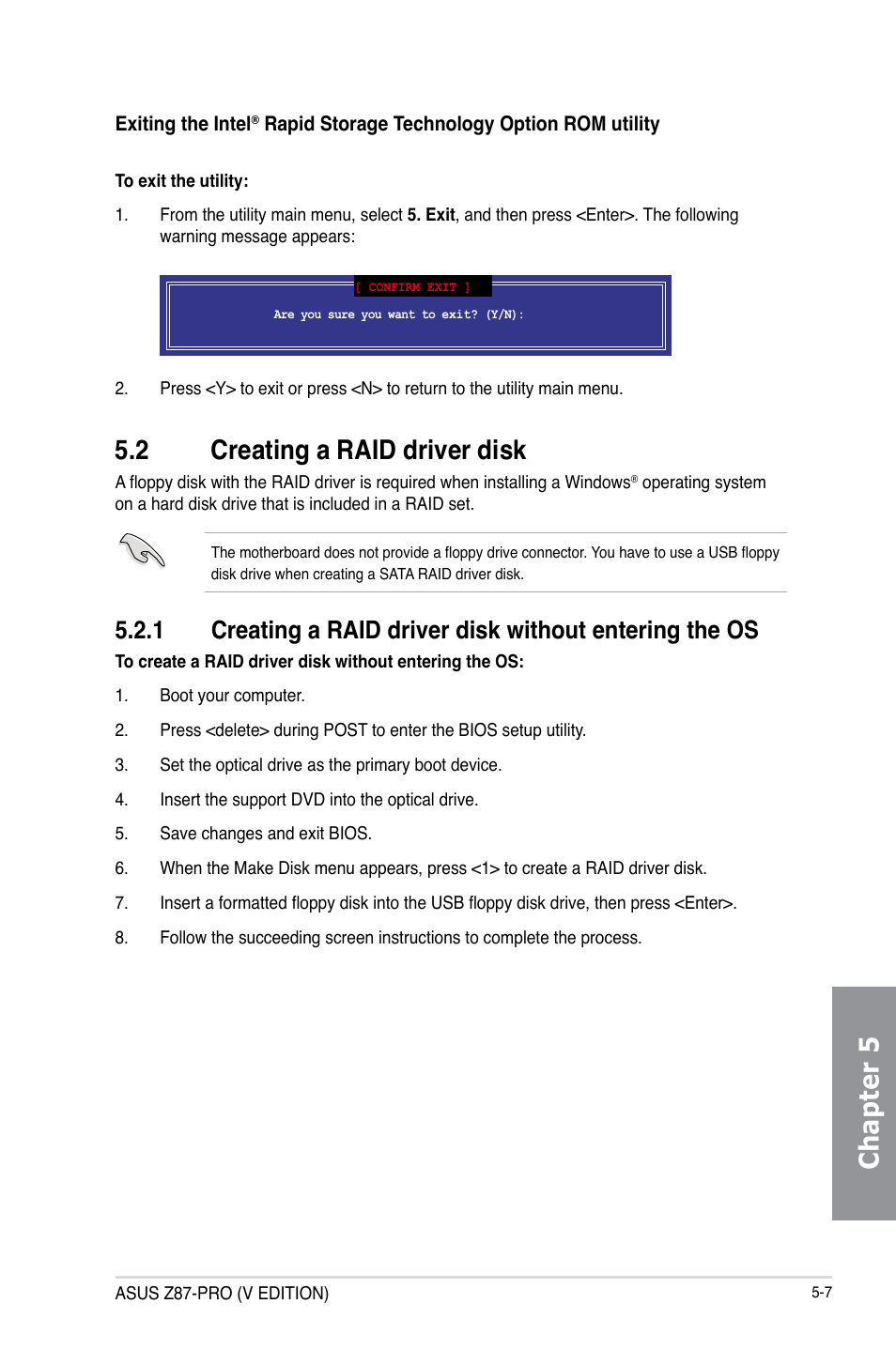 Chapter 5, 2 creating a raid driver disk | Asus Z87-PRO(V EDITION) User Manual | Page 165 / 172