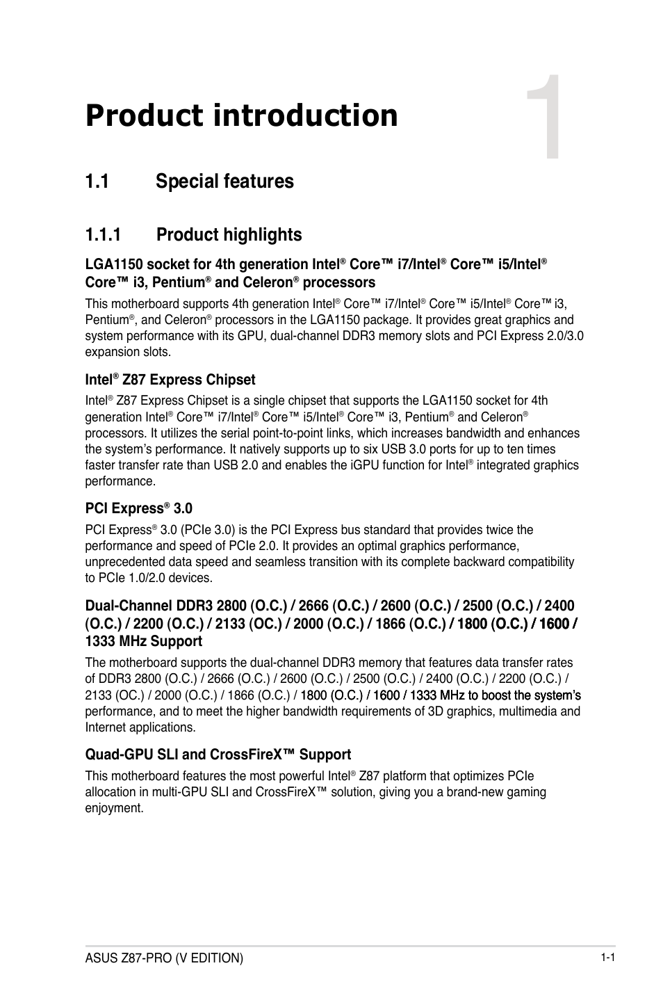 Product introduction, Chapter 1, 1 special features | 1 product highlights | Asus Z87-PRO(V EDITION) User Manual | Page 17 / 172