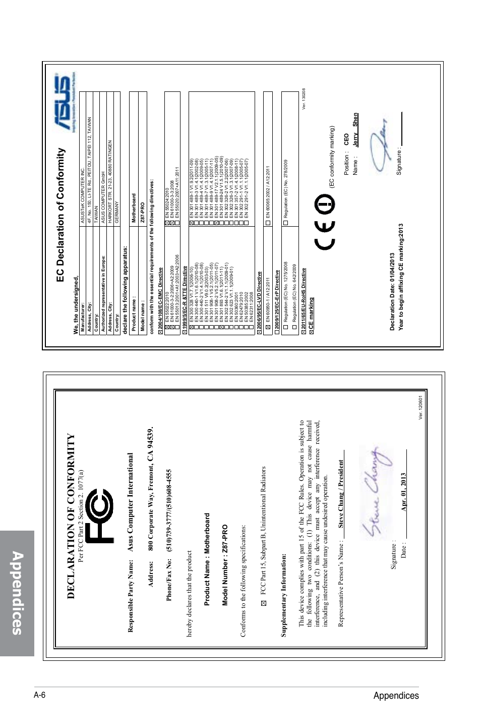 Declaration of conformity, Appendices, Ec declaration of conformity | Asu s c om pu te r in te rn at io na l | Asus Z87-PRO(V EDITION) User Manual | Page 172 / 172