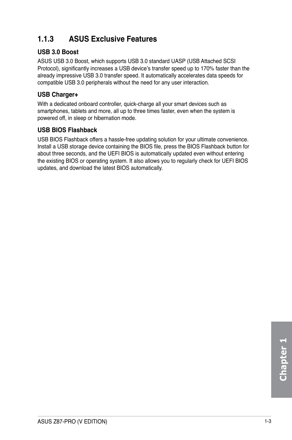 Chapter 1, 3 asus exclusive features | Asus Z87-PRO(V EDITION) User Manual | Page 19 / 172