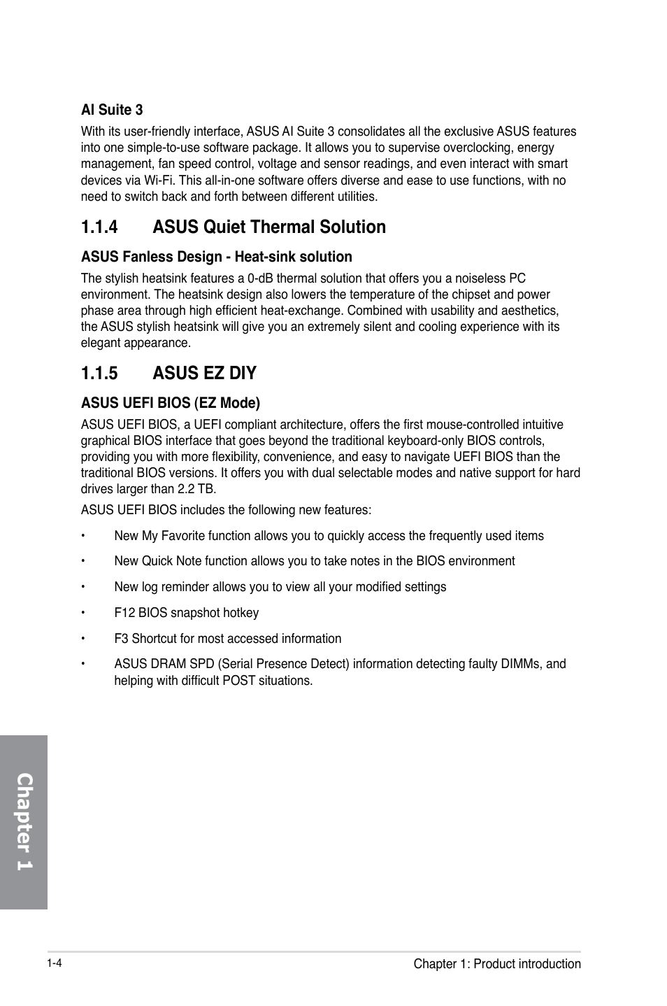 Chapter 1, 4 asus quiet thermal solution, 5 asus ez diy | Asus Z87-PRO(V EDITION) User Manual | Page 20 / 172