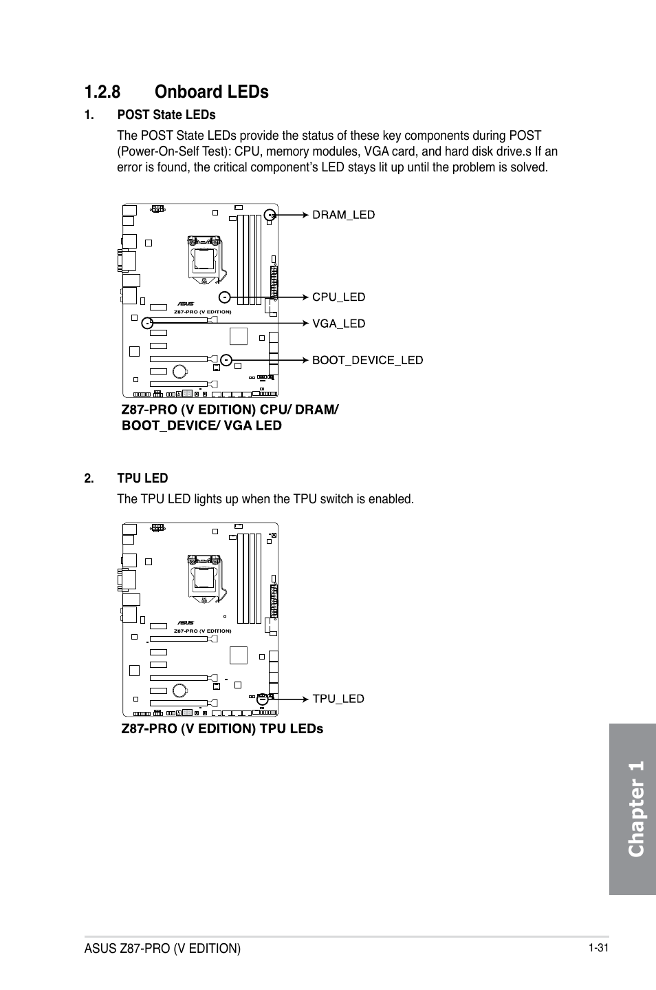 Chapter 1, 8 onboard leds | Asus Z87-PRO(V EDITION) User Manual | Page 47 / 172