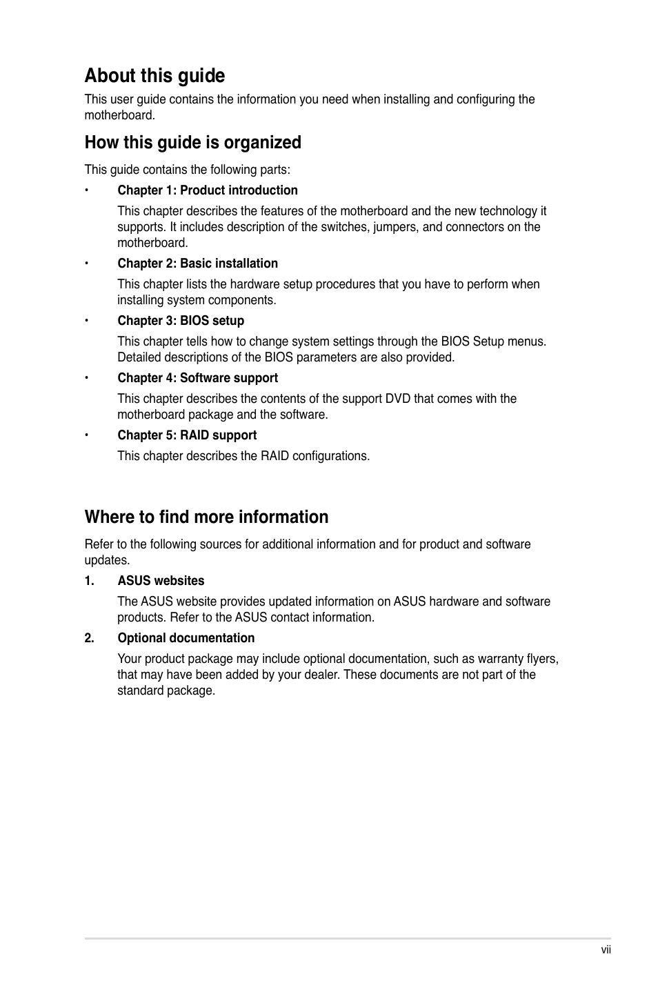 About this guide, How this guide is organized, Where to find more information | Asus Z87-PRO(V EDITION) User Manual | Page 7 / 172