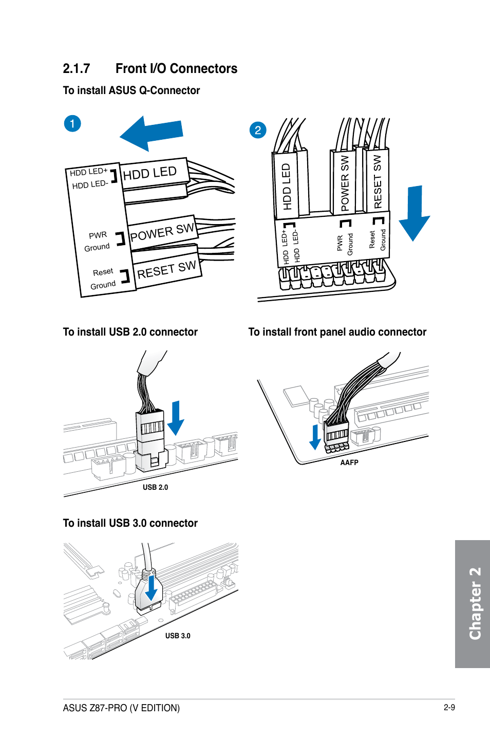 Chapter 2, 7 front i/o connectors, Hdd led | Asus Z87-PRO(V EDITION) User Manual | Page 71 / 172