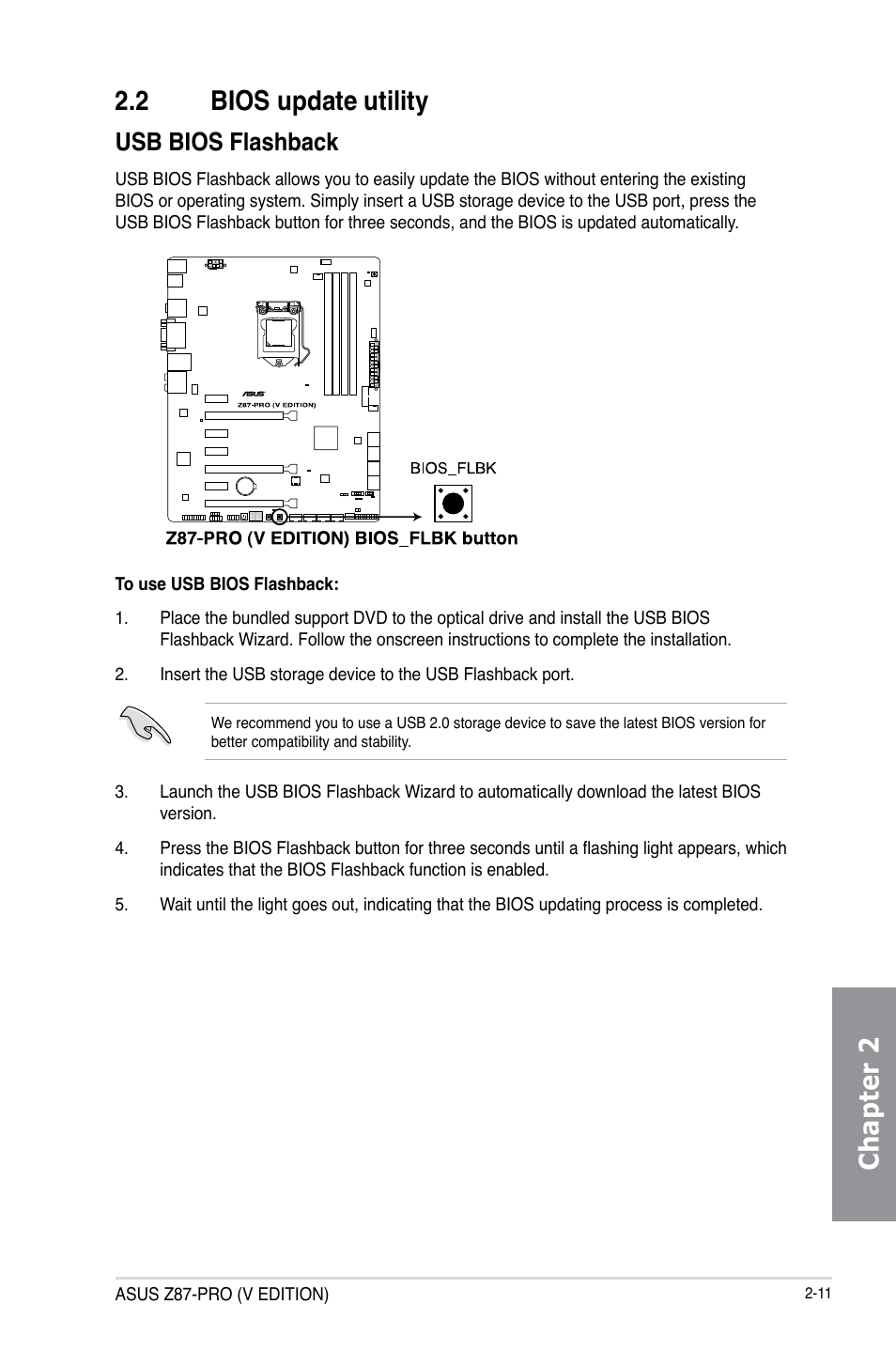 Chapter 2 2.2 bios update utility, Usb bios flashback | Asus Z87-PRO(V EDITION) User Manual | Page 73 / 172