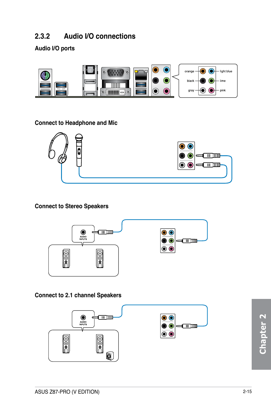 Chapter 2, 2 audio i/o connections | Asus Z87-PRO(V EDITION) User Manual | Page 77 / 172