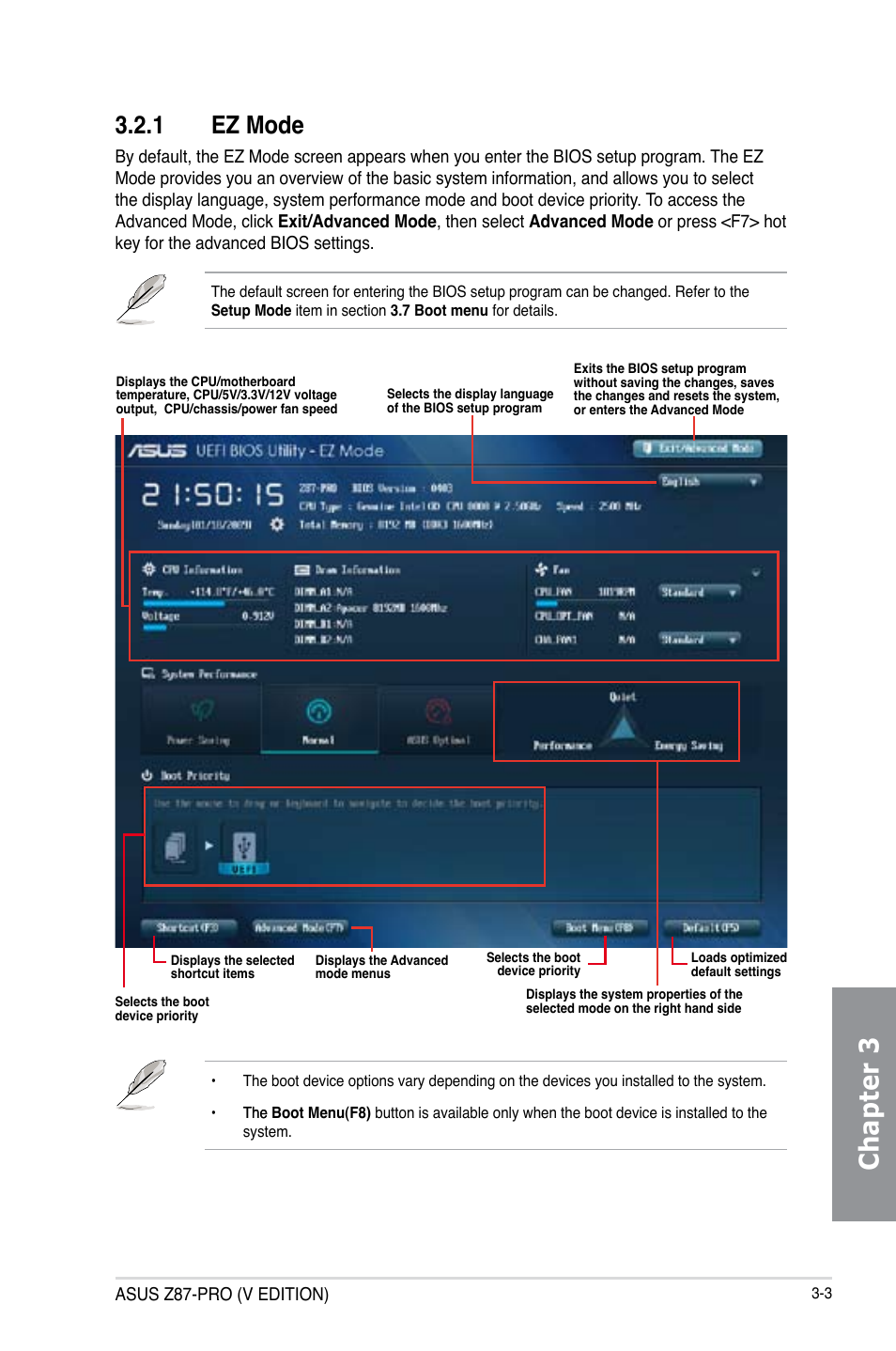 Chapter 3, 1 ez mode | Asus Z87-PRO(V EDITION) User Manual | Page 83 / 172