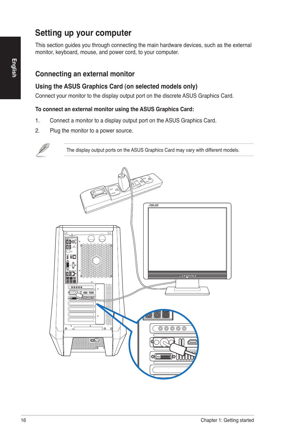 Setting up your computer, Connecting an external monitor | Asus CG8580 User Manual | Page 16 / 94