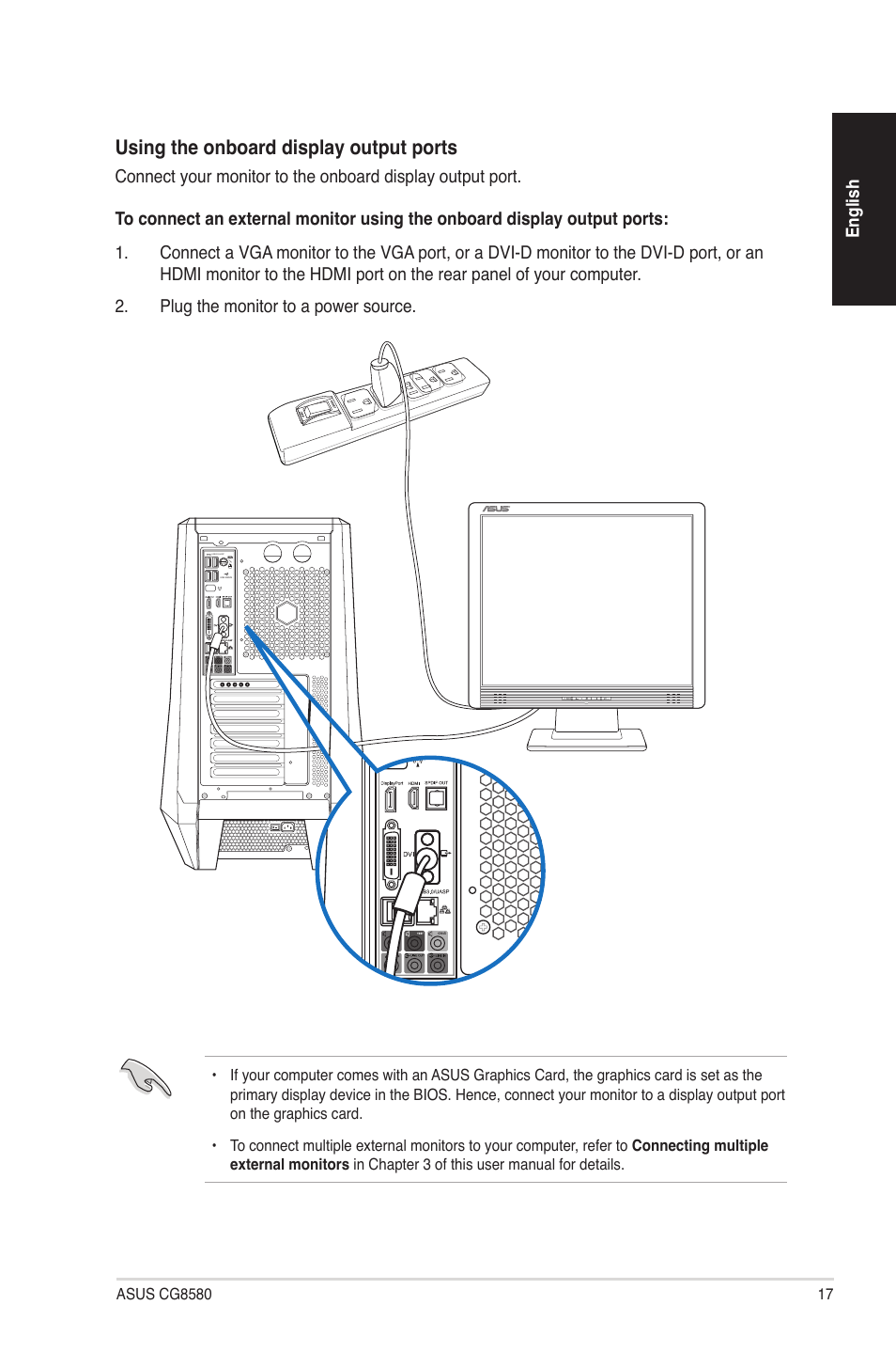 Using the onboard display output ports | Asus CG8580 User Manual | Page 17 / 94