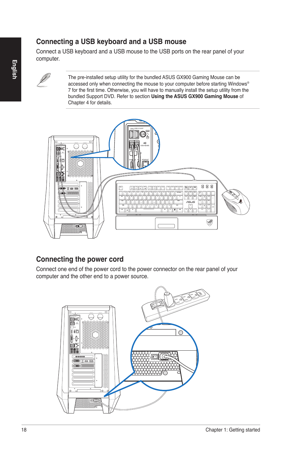 Connecting a usb keyboard and a usb mouse, Connecting the power cord, English | Asus CG8580 User Manual | Page 18 / 94