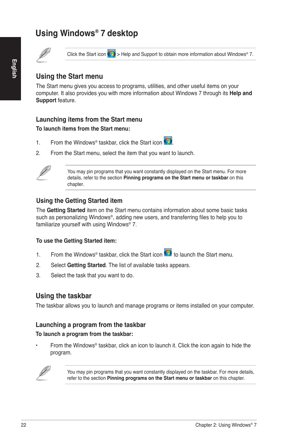 Using windows® 7 desktop, Using windows, 7 desktop | Using the start menu, Using the taskbar | Asus CG8580 User Manual | Page 22 / 94