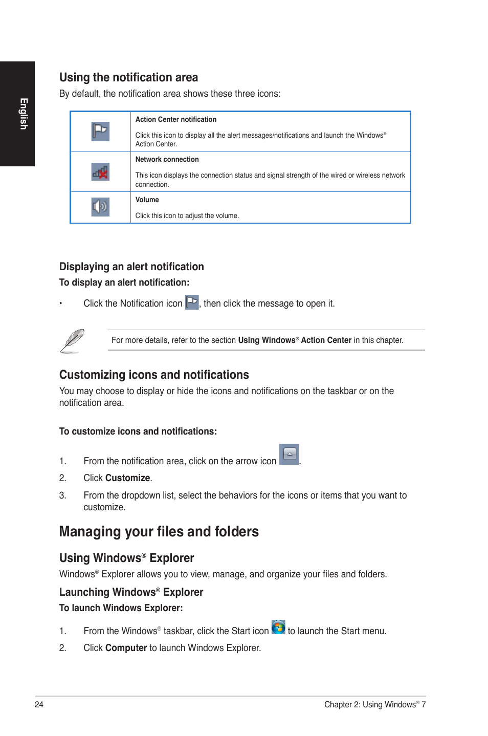 Managing your files and folders, Using the notification area, Customizing icons and notifications | Using windows, Explorer | Asus CG8580 User Manual | Page 24 / 94