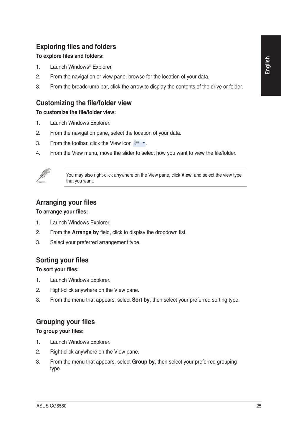 Exploring files and folders, Customizing the file/folder view, Arranging your files | Sorting your files, Grouping your files | Asus CG8580 User Manual | Page 25 / 94