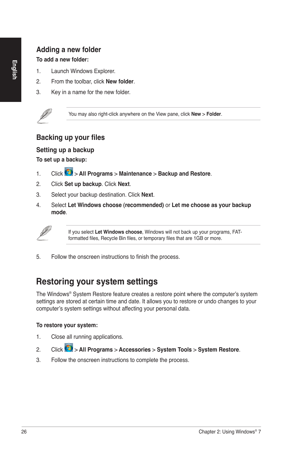 Restoring your system settings, Adding a new folder, Backing up your files | Asus CG8580 User Manual | Page 26 / 94