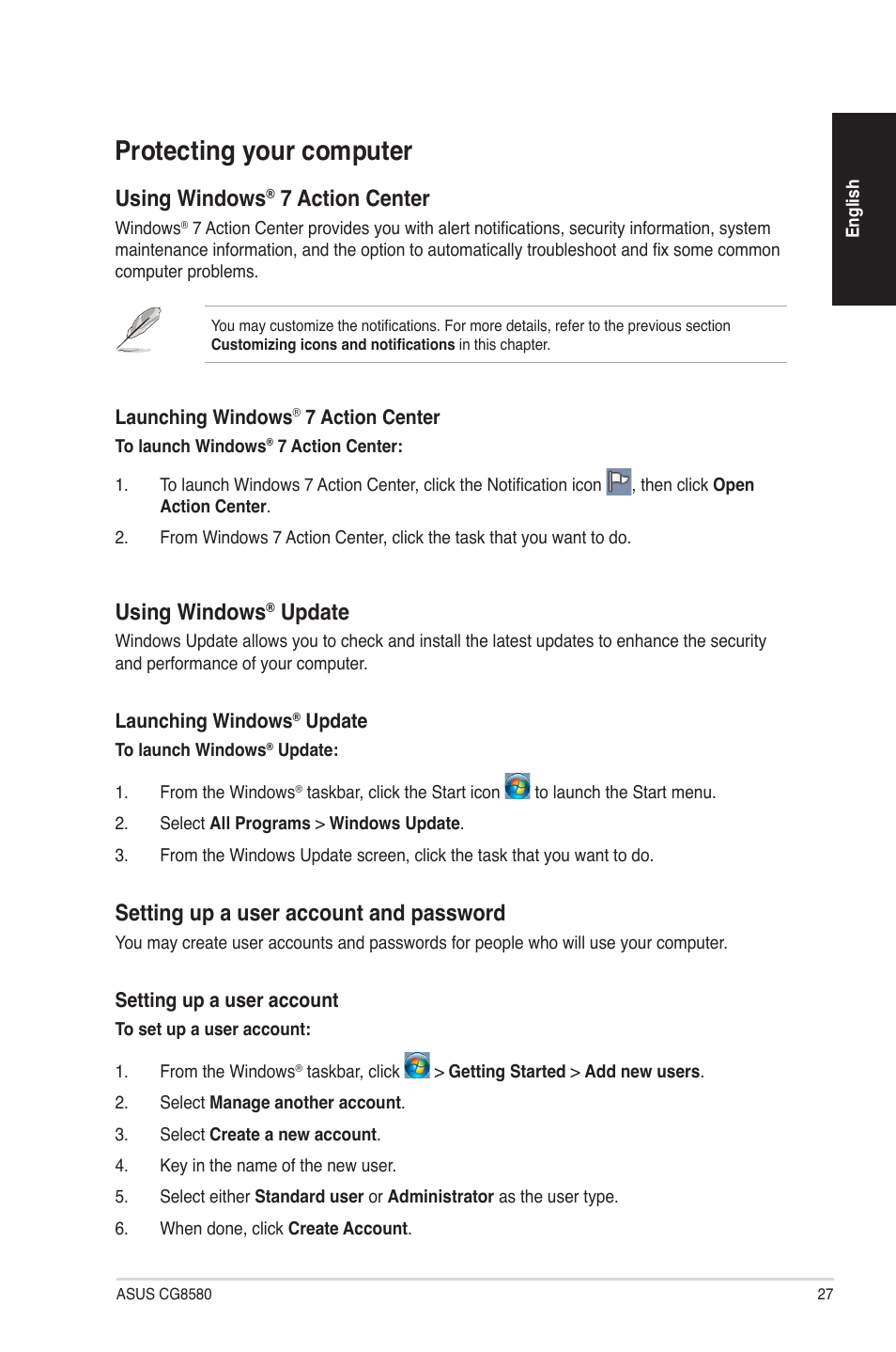 Protecting your computer, Using windows, 7 action center | Update, Setting up a user account and password | Asus CG8580 User Manual | Page 27 / 94