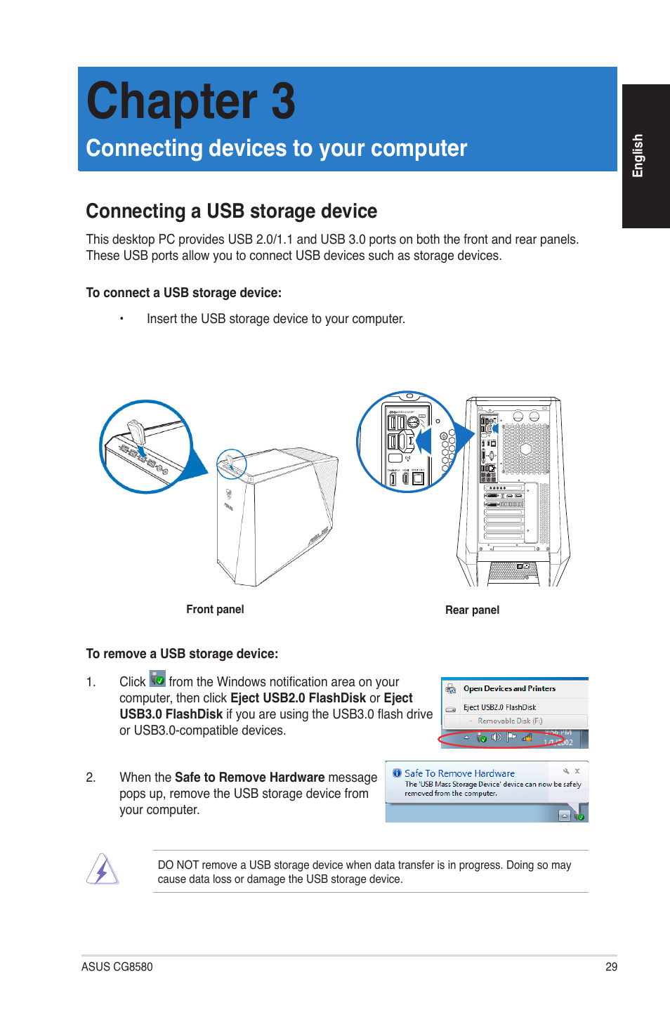 Chapter 3, Connecting devices to your computer, Connecting a usb storage device | Asus CG8580 User Manual | Page 29 / 94