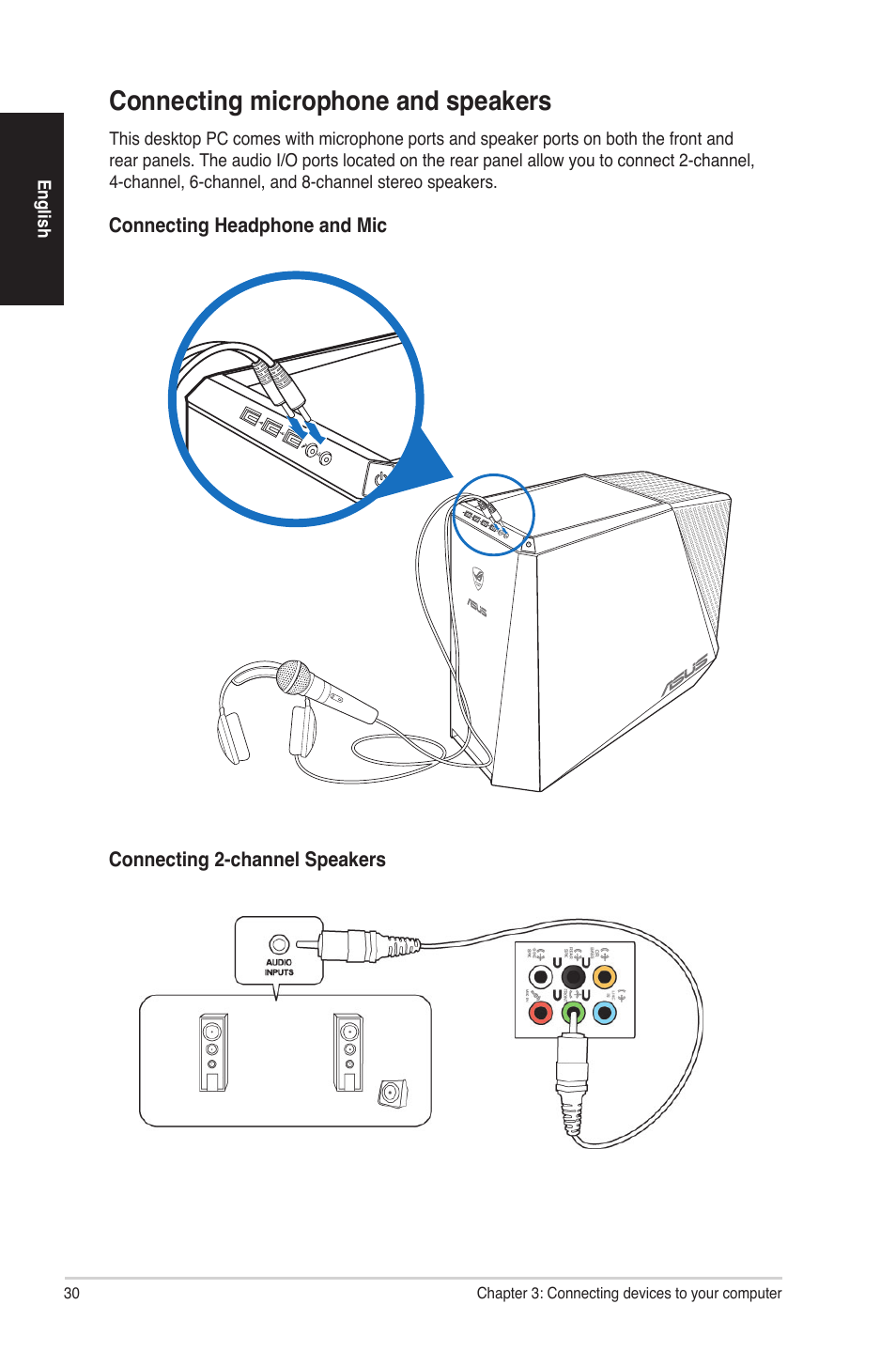 Connecting microphone and speakers | Asus CG8580 User Manual | Page 30 / 94