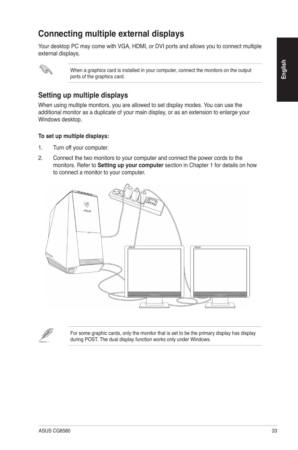 Connecting multiple external displays, Setting up multiple displays | Asus CG8580 User Manual | Page 33 / 94