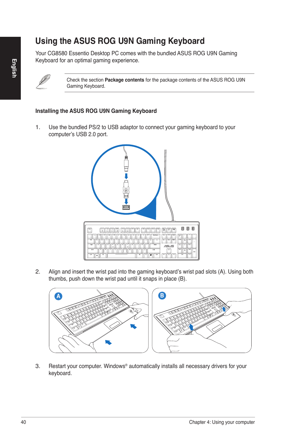 Using the asus rog u9n gaming keyboard | Asus CG8580 User Manual | Page 40 / 94