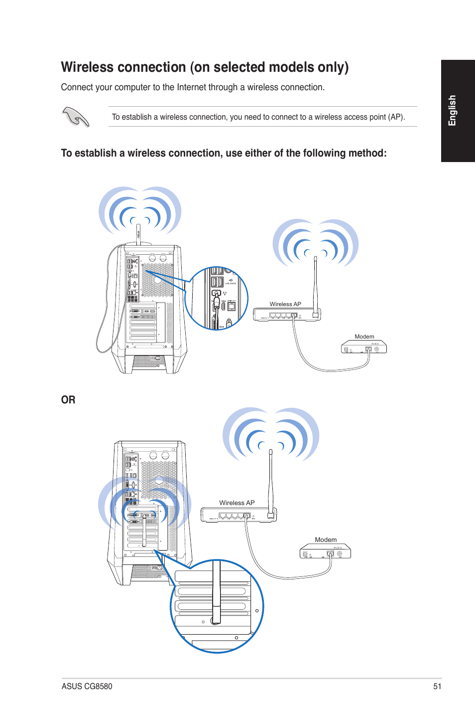 Wireless connection (on selected models only) | Asus CG8580 User Manual | Page 51 / 94