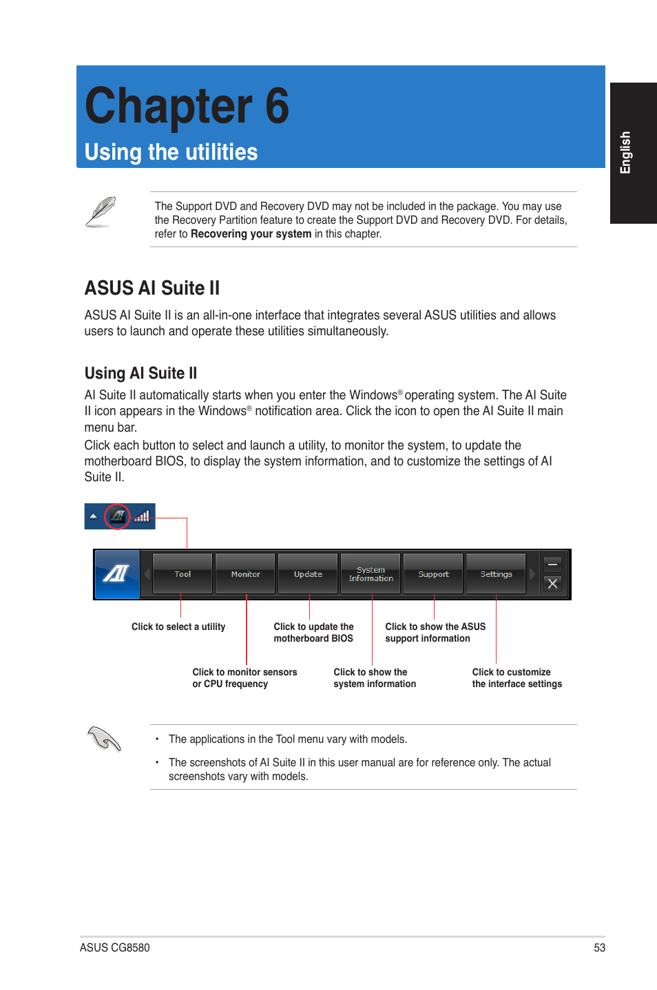 Chapter 6, Using the utilities, Asus ai suite ii | Using ai suite ii | Asus CG8580 User Manual | Page 53 / 94