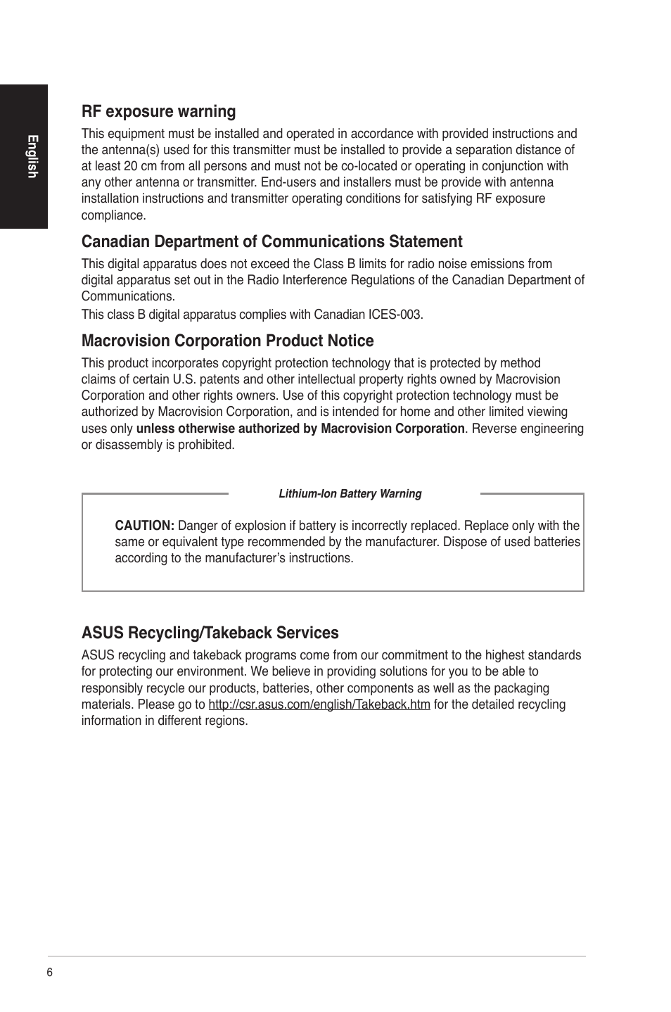 Rf exposure warning, Canadian department of communications statement, Macrovision corporation product notice | Asus recycling/takeback services | Asus CG8580 User Manual | Page 6 / 94