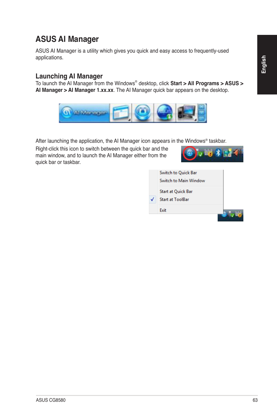 Asus ai manager, Launching ai manager | Asus CG8580 User Manual | Page 63 / 94