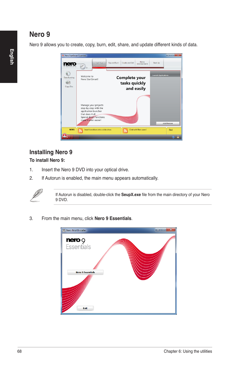 Nero 9, Installing nero 9 | Asus CG8580 User Manual | Page 68 / 94