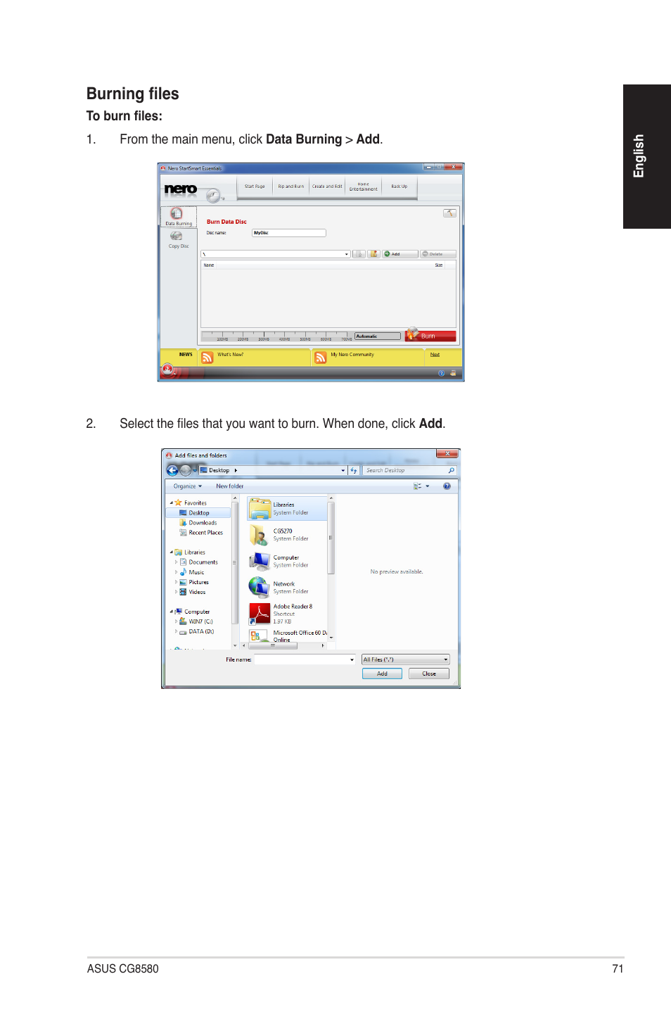 Burning files | Asus CG8580 User Manual | Page 71 / 94