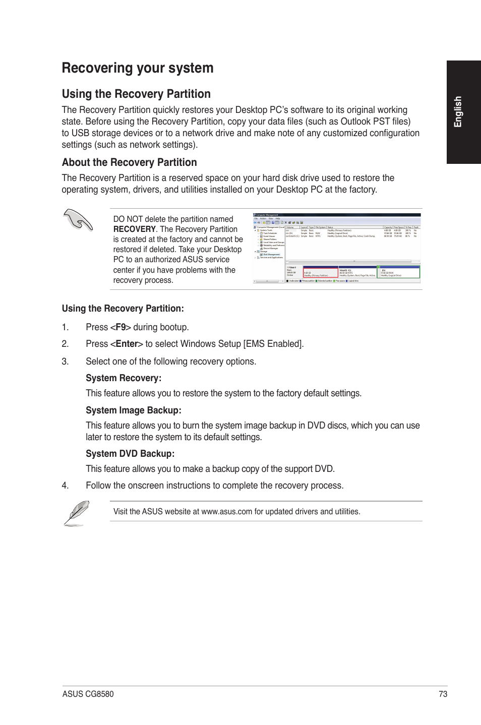 Recovering your system, Using the recovery partition | Asus CG8580 User Manual | Page 73 / 94