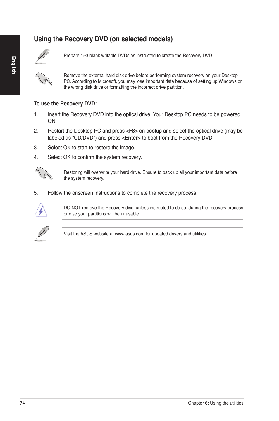 Using the recovery dvd (on selected models) | Asus CG8580 User Manual | Page 74 / 94