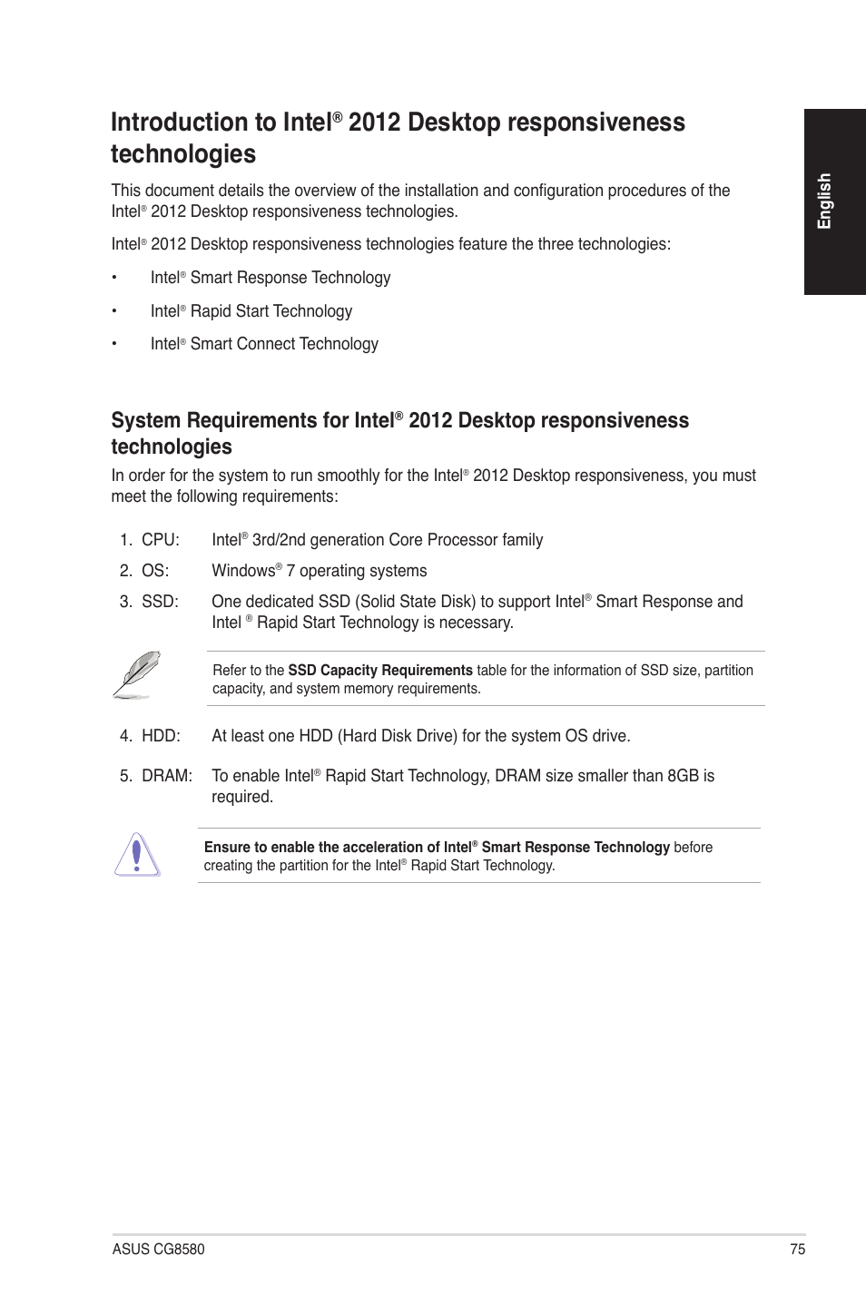 Introduction to intel, 01 desktop responsiveness technologies, 2012 desktop responsiveness technologies | System requirements for intel | Asus CG8580 User Manual | Page 75 / 94