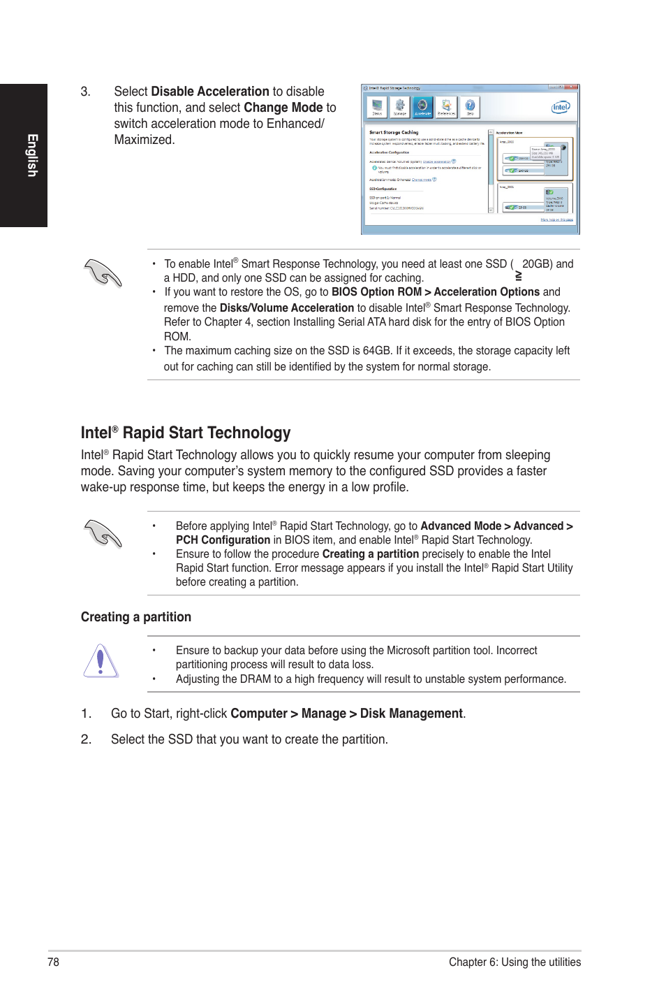 Intel, Rapid start technology | Asus CG8580 User Manual | Page 78 / 94