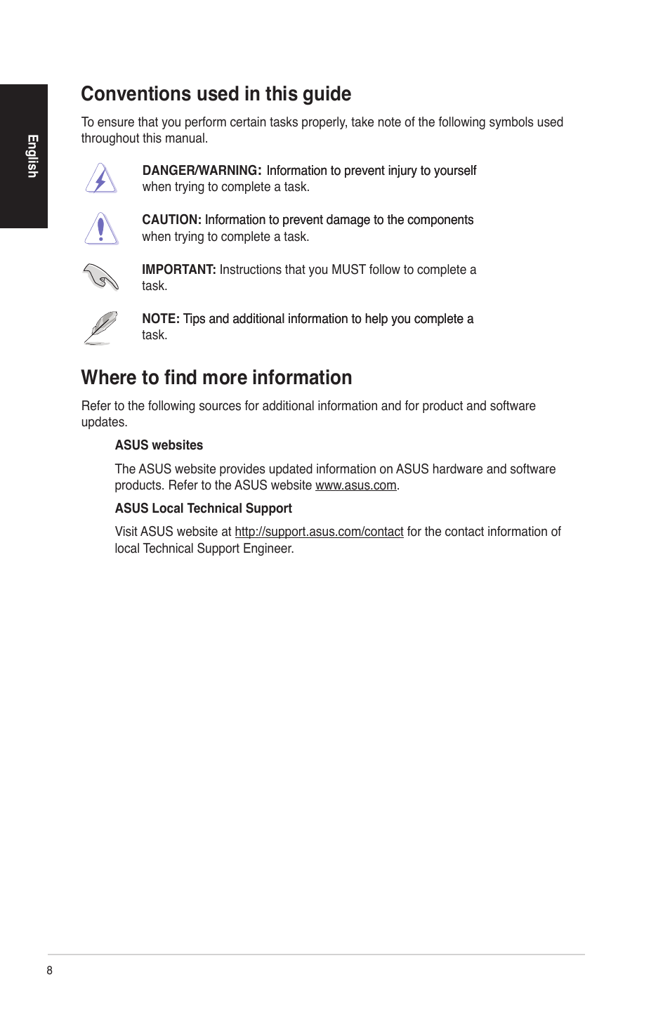 Conventions used in this guide, Where to find more information | Asus CG8580 User Manual | Page 8 / 94